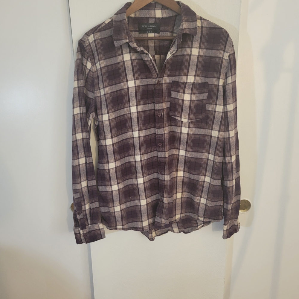 Cotton On Men's Plaid Shirt - Dark Purple and Cream